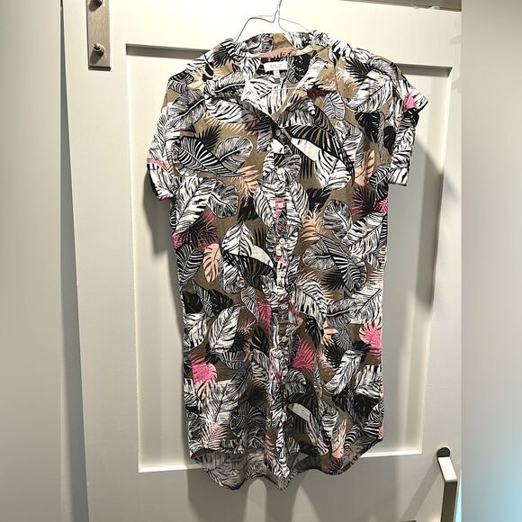 Per se LINEN dress/tunic/sheath black/white/pink Tropical Print Linen size M - Picture 1 of 5